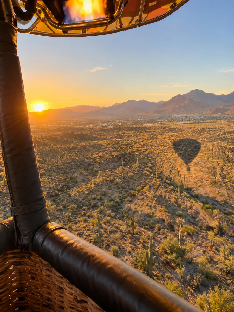 Vue depuis une nacelle sur les saguaros et le désert au lever du soleil