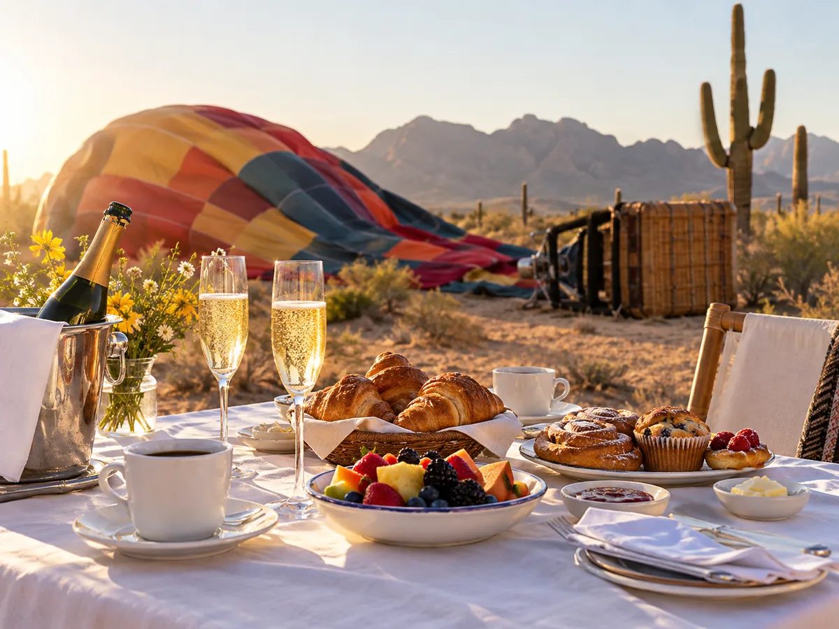 Une table de petit-déjeuner avec flûtes de champagne et viennoiseries dans le désert après un vol en montgolfière