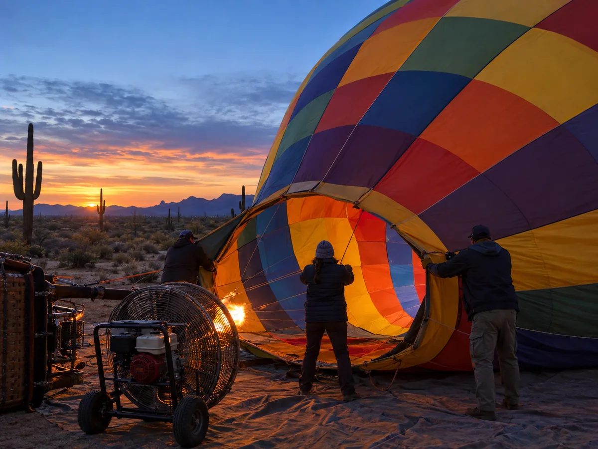L'équipe au sol gonflant une montgolfière colorée à l'aube dans le désert